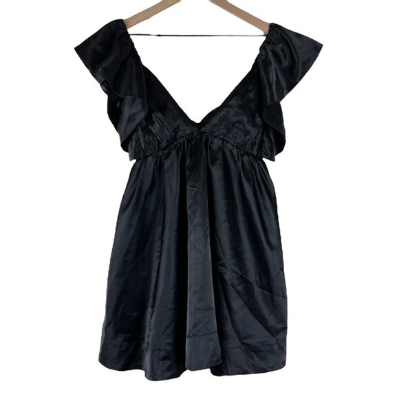 Mable Black Ruffle V-Neck Bow Back A-Line Mini Dress - Picture 2 of 7